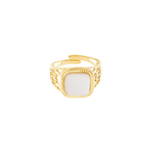 Anillo Dorado Tipo Sello con Piedra Blanca de Acero Ajustable - Elegancia Clásica