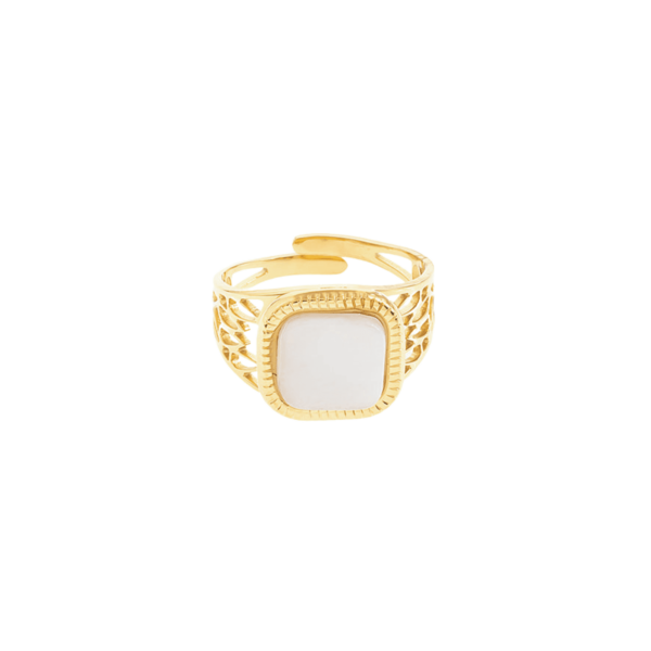 Anillo Dorado Tipo Sello con Piedra Blanca de Acero Ajustable - Elegancia Clásica