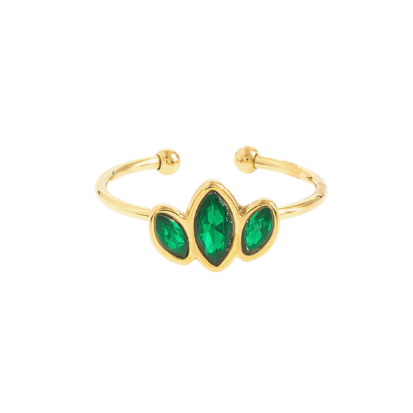 Anillo Dorado Ajustable de Acero Waterproof con Detalle de Flor de Circonitas Verdes