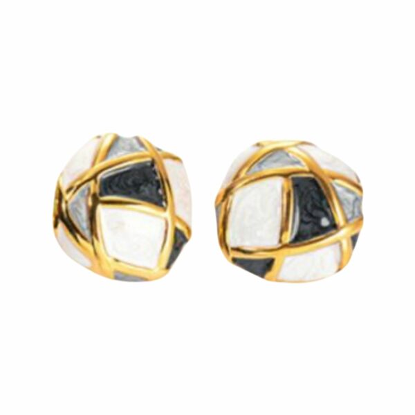 Pendientes vintage de acero en forma de esfera, con detalles en dorado, negro, blanco y verde, hipoalergénicos y resistentes al agua.