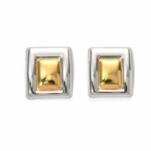 Pendientes de acero en dorado y plata con diseño de doble rectángulo, hipoalergénicos y resistentes al agua.