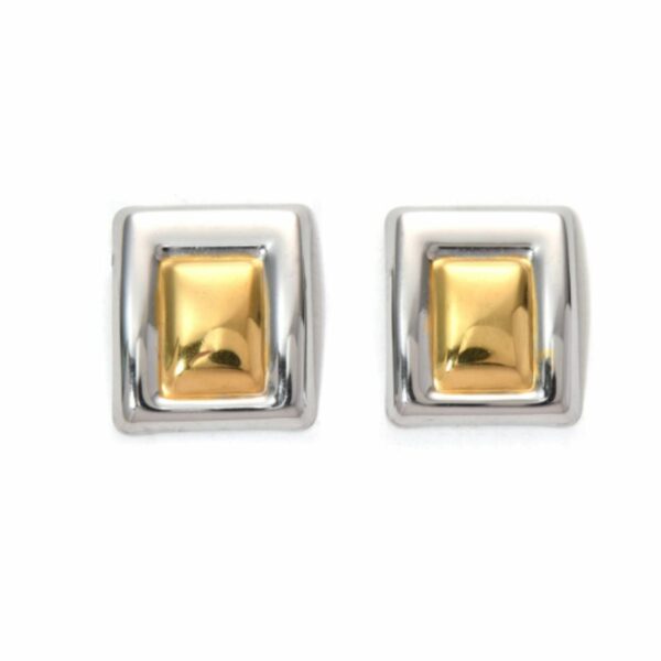 Pendientes de acero en dorado y plata con diseño de doble rectángulo, hipoalergénicos y resistentes al agua.