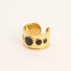 Anillo ajustable de acero dorado con piedras negras esmaltadas, joyería de acero inoxidable resistente al agua.